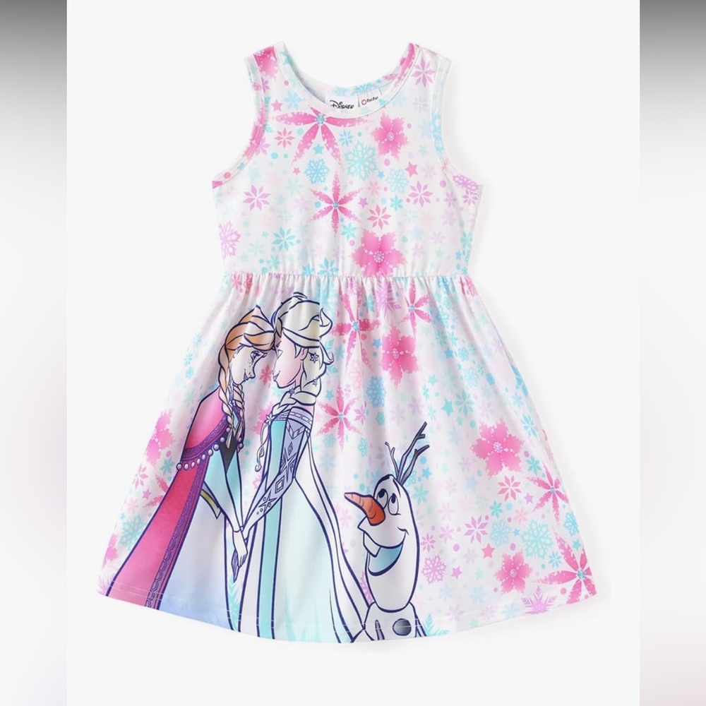 NWT Disney Frozen Girls' Pink & White Anna, Elsa & Olaf Print Dress